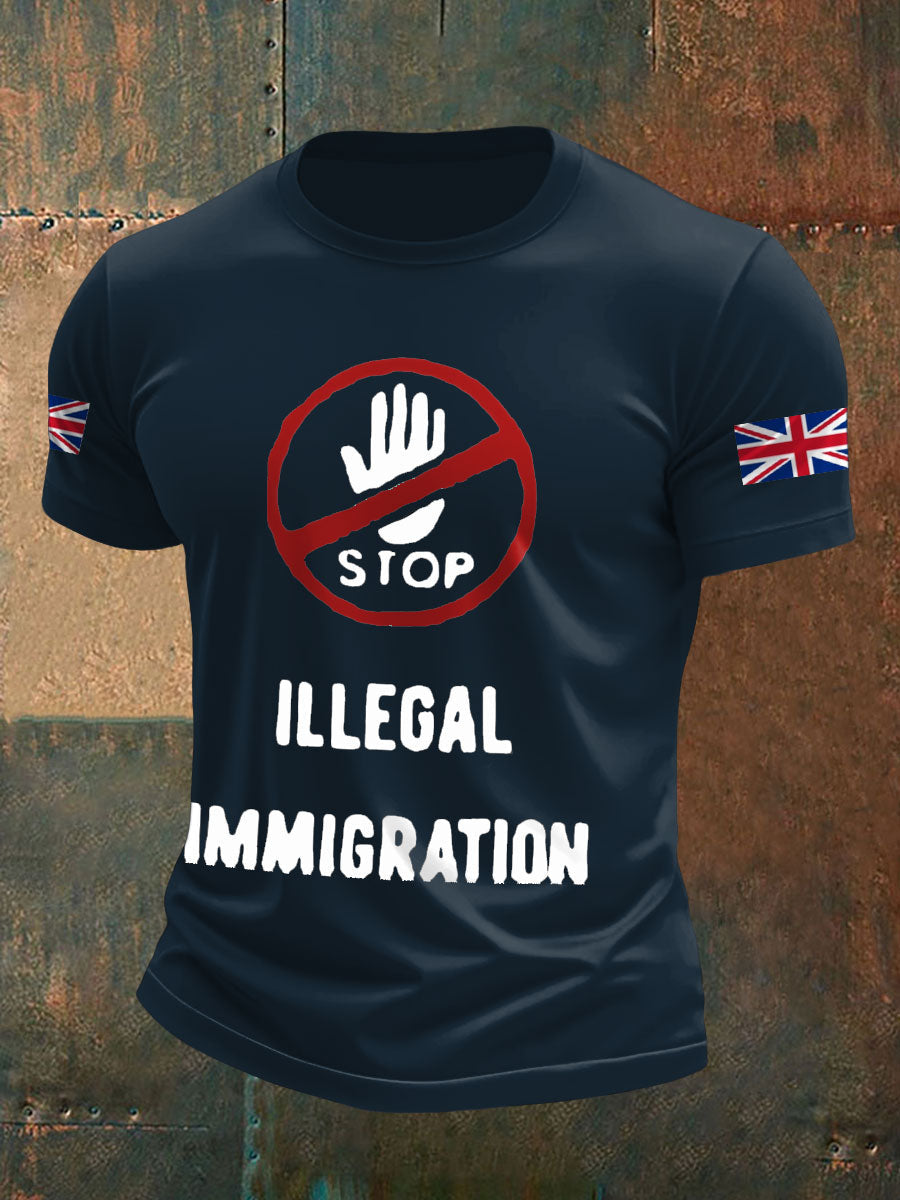 Men's UK Flag Stop Illegal Immigration Printed T-shirt