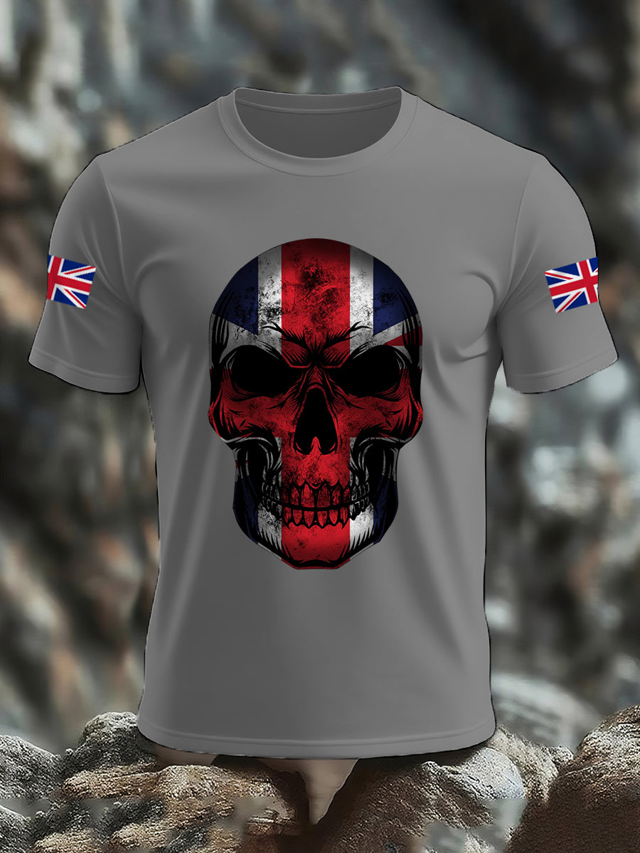 Men's UK Flag Skull Print Casual Tee