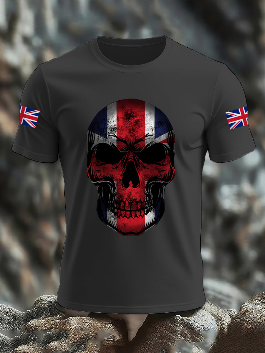 Men's UK Flag Skull Print Casual Tee