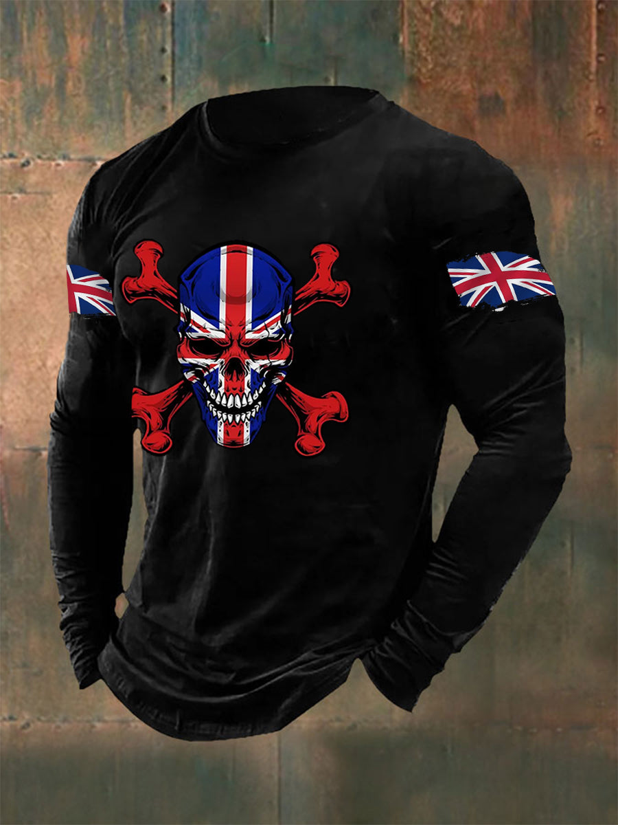 Men's UK Flag Skull Print Casual Long Sleeve T-Shirt