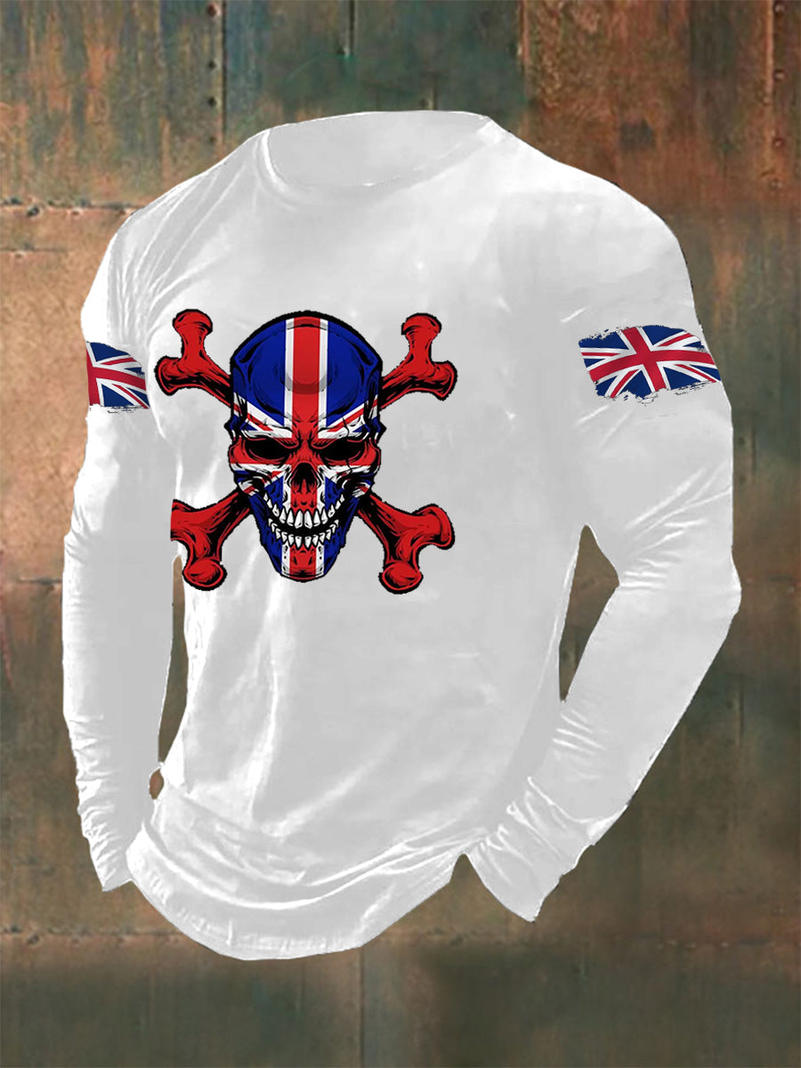 Men's UK Flag Skull Print Casual Long Sleeve T-Shirt