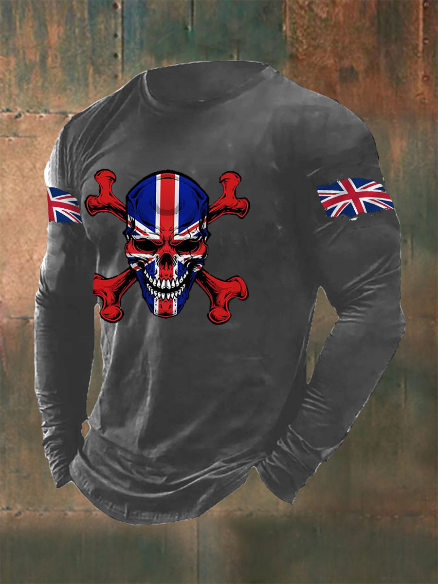Men's UK Flag Skull Print Casual Long Sleeve T-Shirt