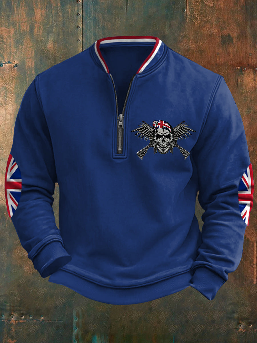 Men's UK Flag Skull Veteran Print Casual Sweatshirt