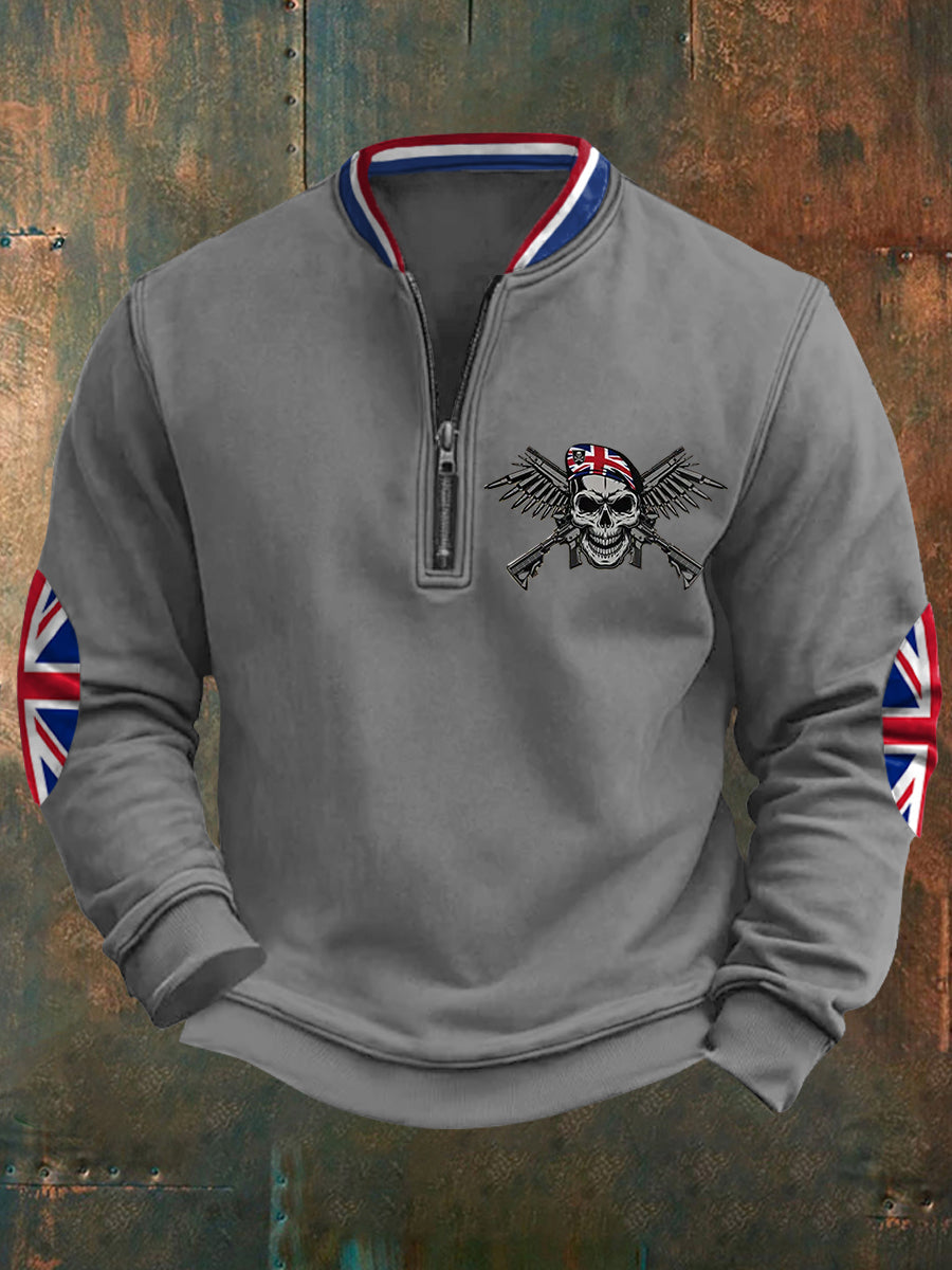 Men's UK Flag Skull Veteran Print Casual Sweatshirt
