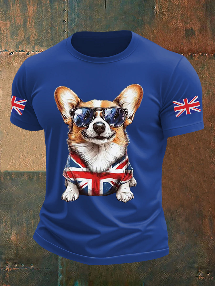 Men's Vintage England Flag Dog Printed T-shirt