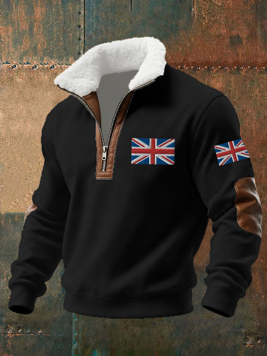 Men's UK Flag Print Fur Collar Zipper Sweatshirt