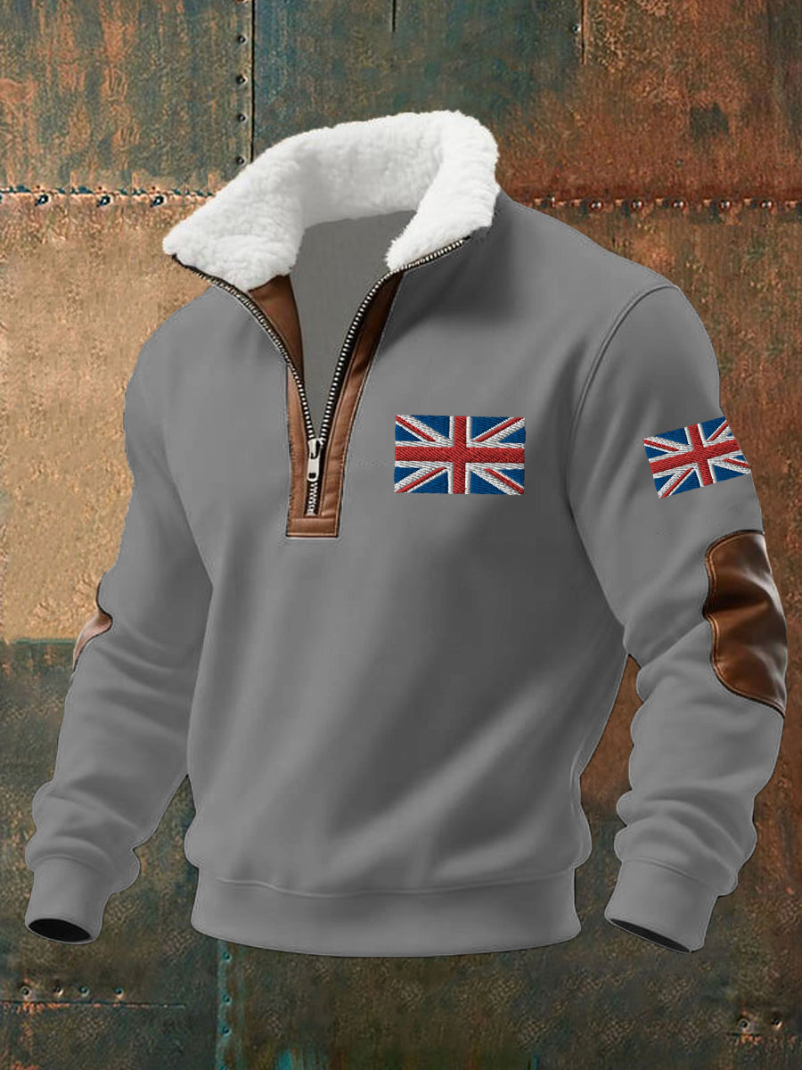 Men's UK Flag Print Fur Collar Zipper Sweatshirt