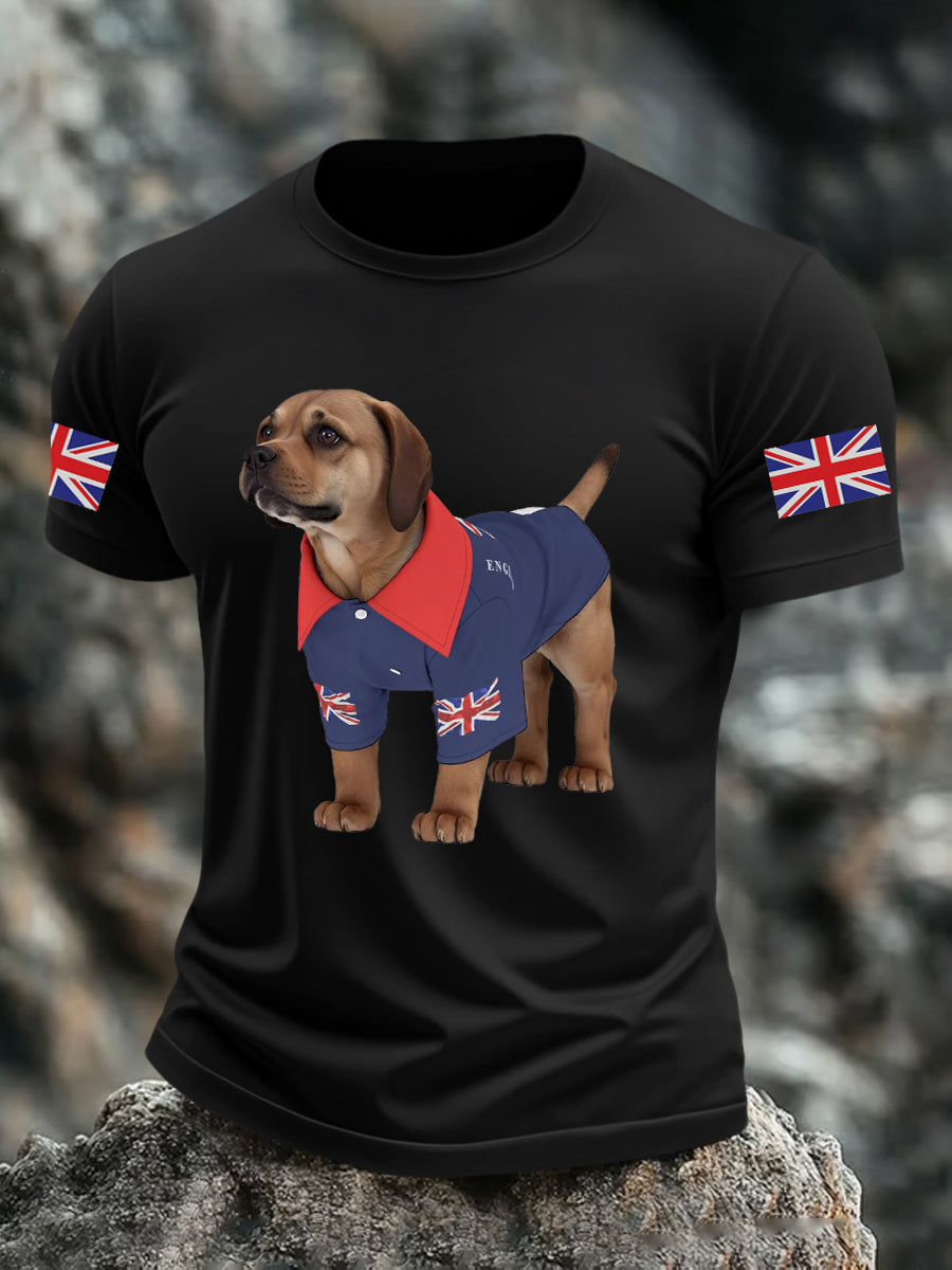 Men's Vintage England Flag Dog Printed T-shirt