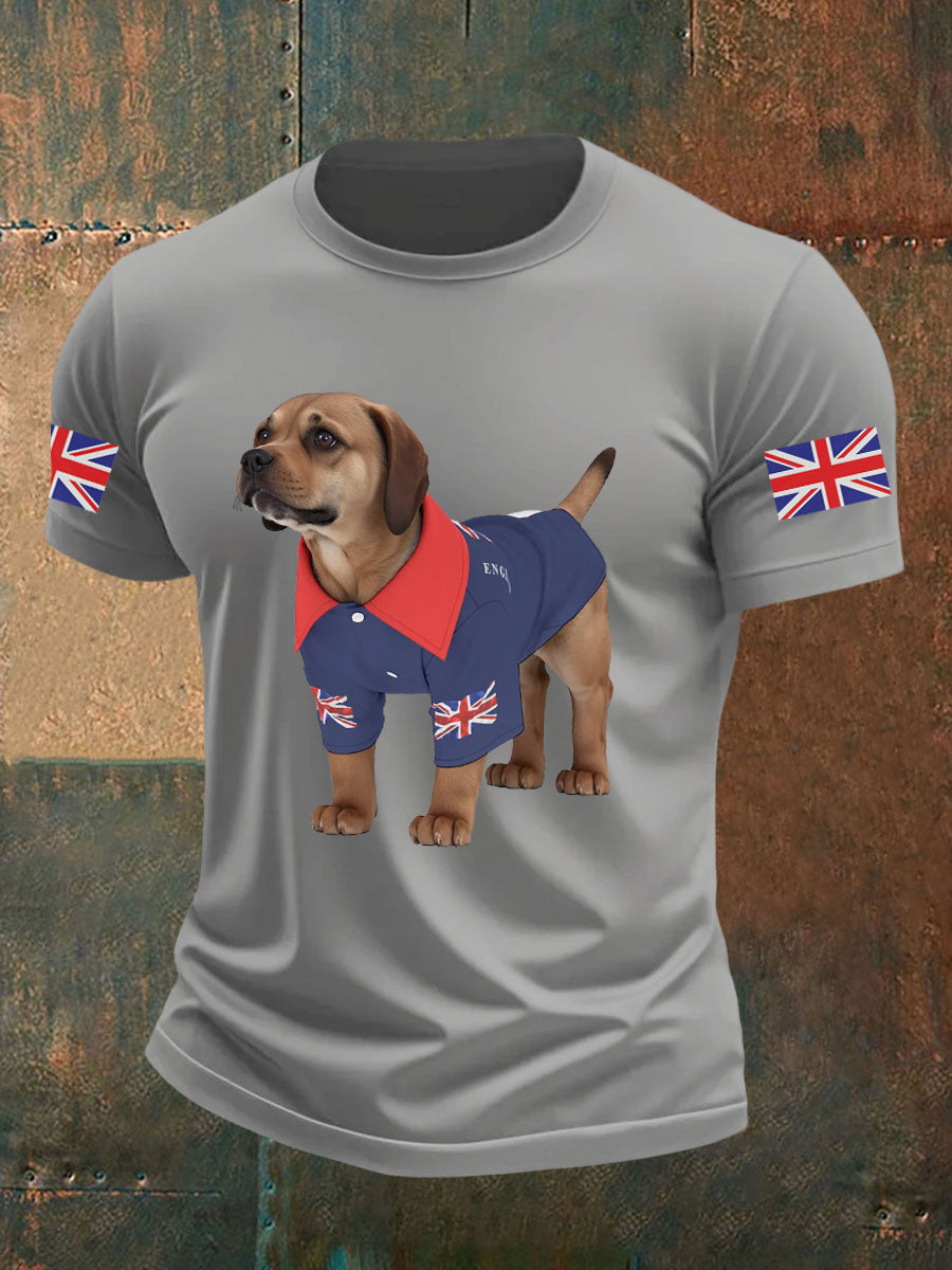 Men's Vintage England Flag Dog Printed T-shirt