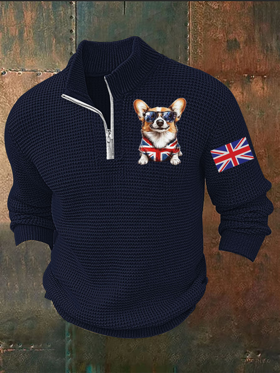 Men's Vintage England Flag Dog Printed Sweater