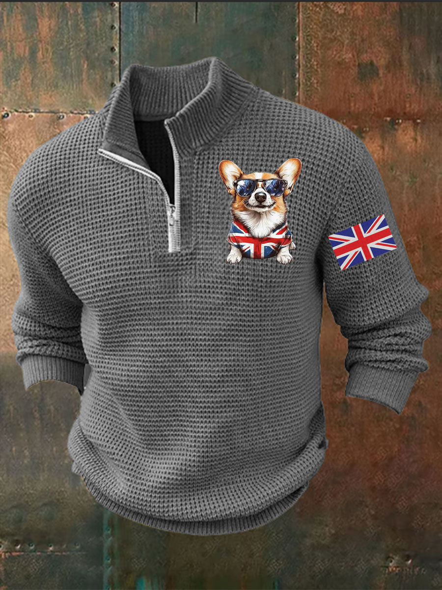 Men's Vintage England Flag Dog Printed Sweater