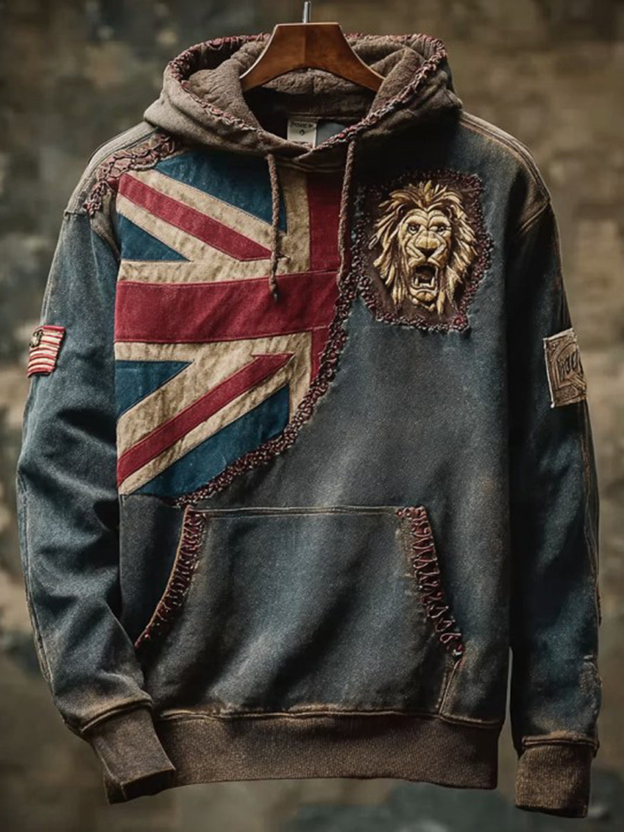 Men's Vintage England Flag Lion Printed Hoodie